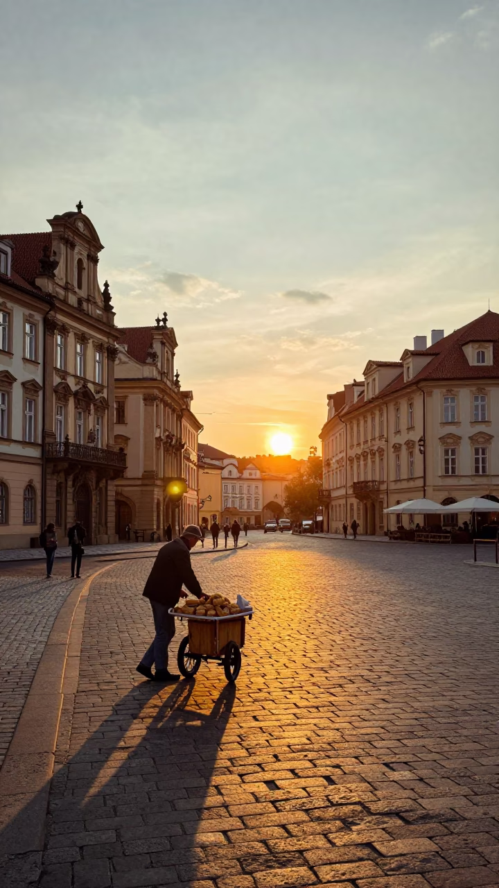 Golden Hour Street Scene in Prague Czech Republic with Vintage 1980s Aesthetic in in Prague, Czech Republic