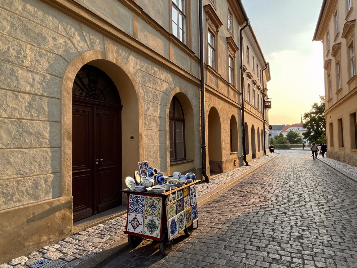 Golden Hour Street Scene in Prague Czech Republic with Vintage Details in in Prague, Czech Republic