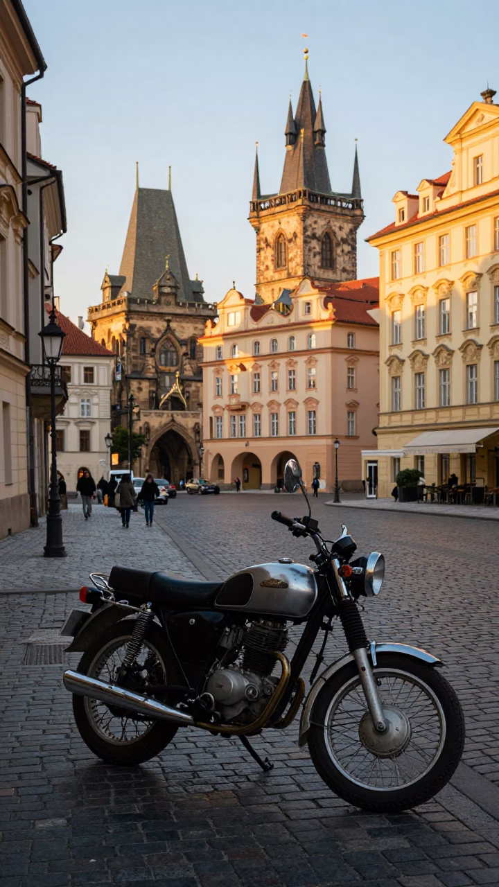 Golden Hour Street Scene in Prague Czech Republic with Vintage Motorcycle and Local Details in in Prague, Czech Republic