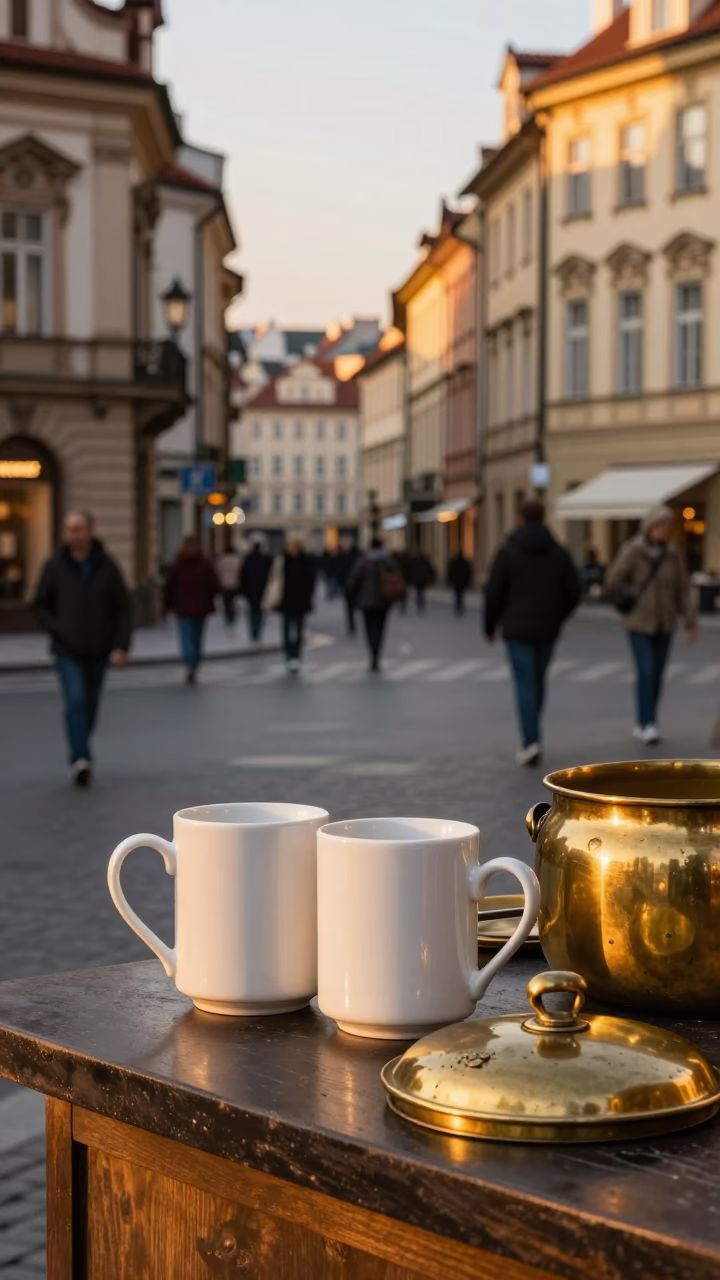 Golden Hour Street Scene in Prague Featuring Ceramic Mugs and Brass Pot Lid in in Prague, Czech Republic