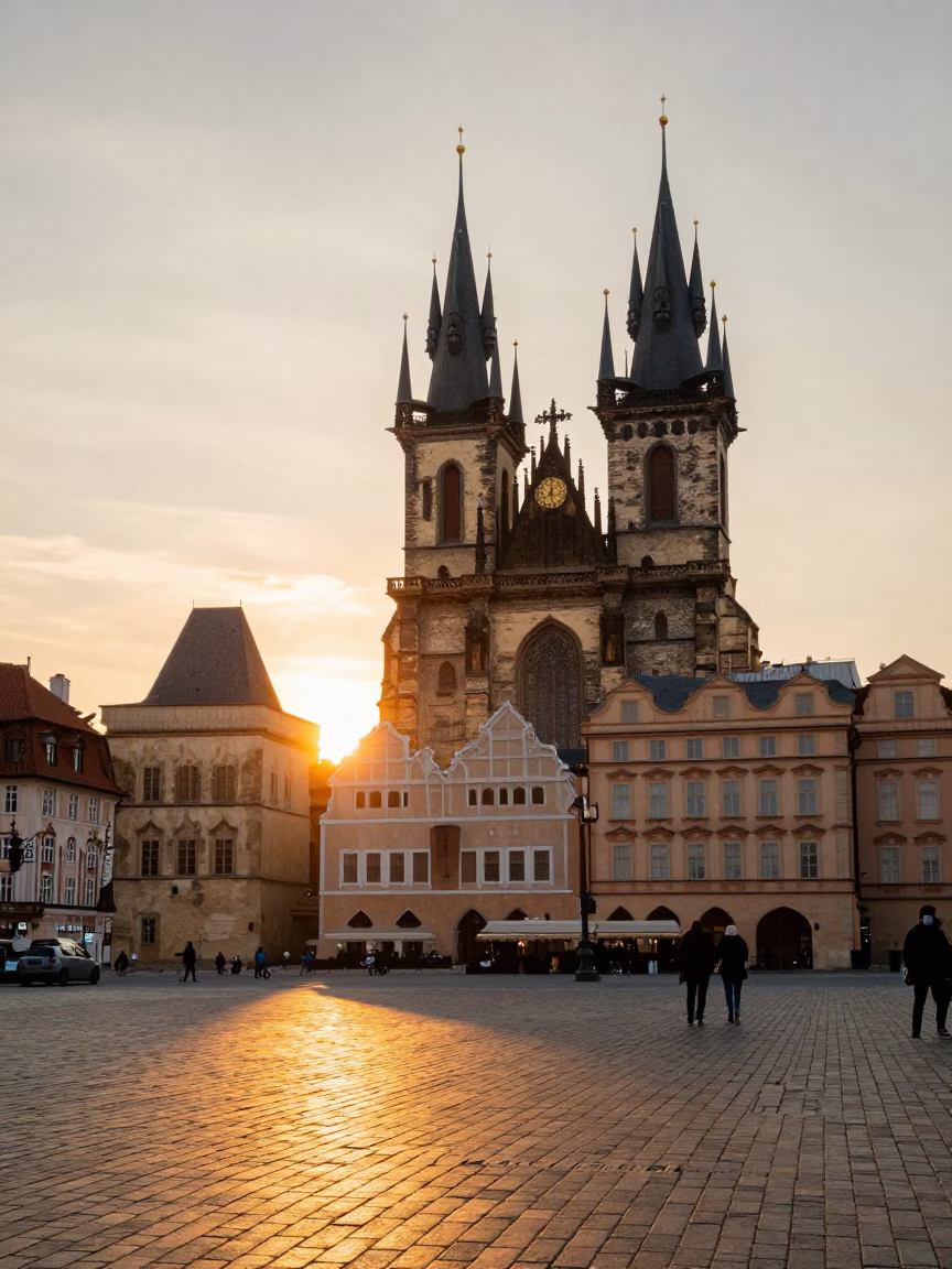Golden Hour Street Scene in Prague Old Town Square with Tourists and Historic Architecture in in Prague, Czech Republic