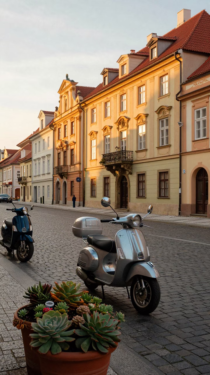 Golden Hour Street Scene in Prague Old Town with Scooter and Succulents in in Prague, Czech Republic