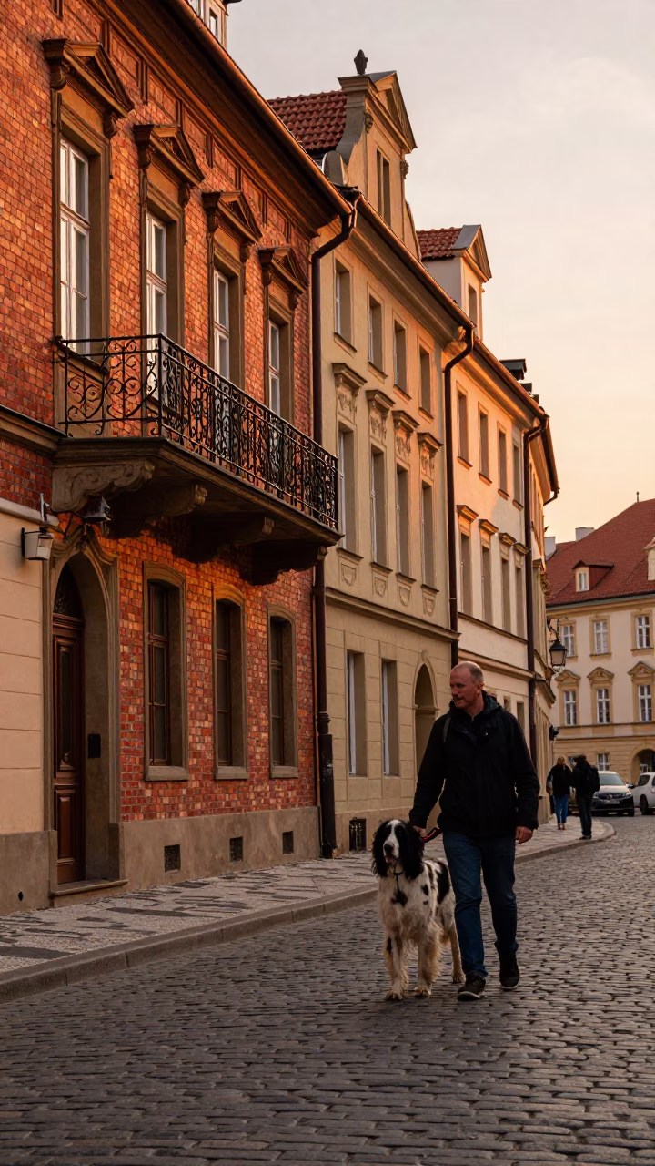 Golden Hour Street Scene in Prague with Gordon Setter and Herb Vendor in in Prague, Czech Republic