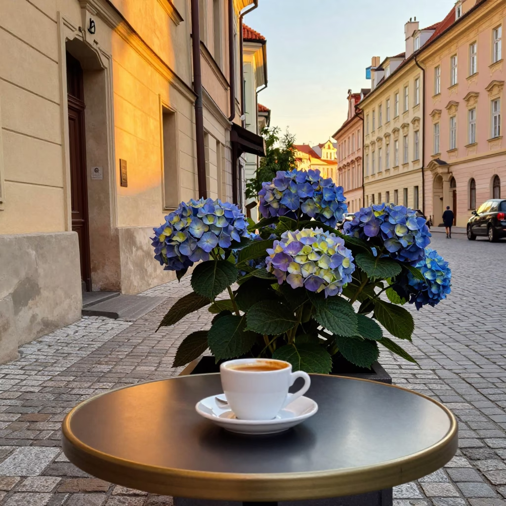 Golden Hour Street Scene in Prague with Hydrangeas and Espresso Cup in in Prague, Czech Republic