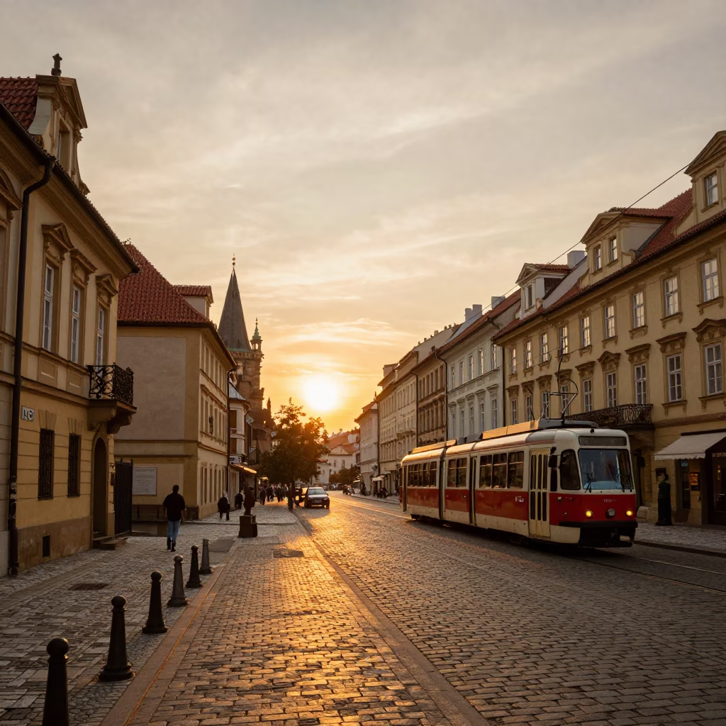 Golden Hour Street Scene in Prague with Vintage 1980s Charm and Local Details in in Prague, Czech Republic