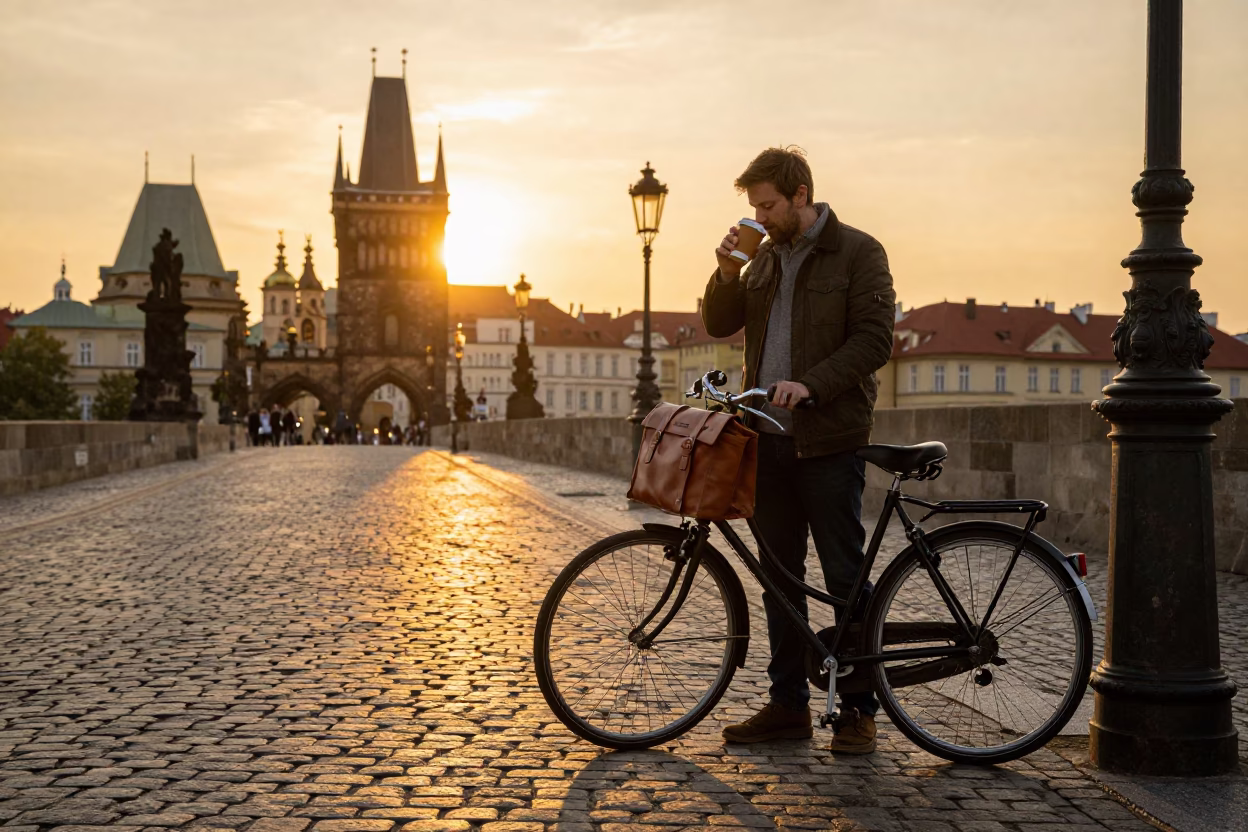 Golden Hour Street Scene in Prague with Vintage Bicycle and Coffee in in Prague, Czech Republic