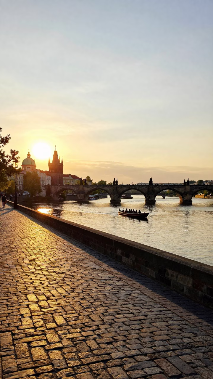 Golden Hour Street Scene in Prague with Vltava River and Gothic Bridge in in Prague, Czech Republic