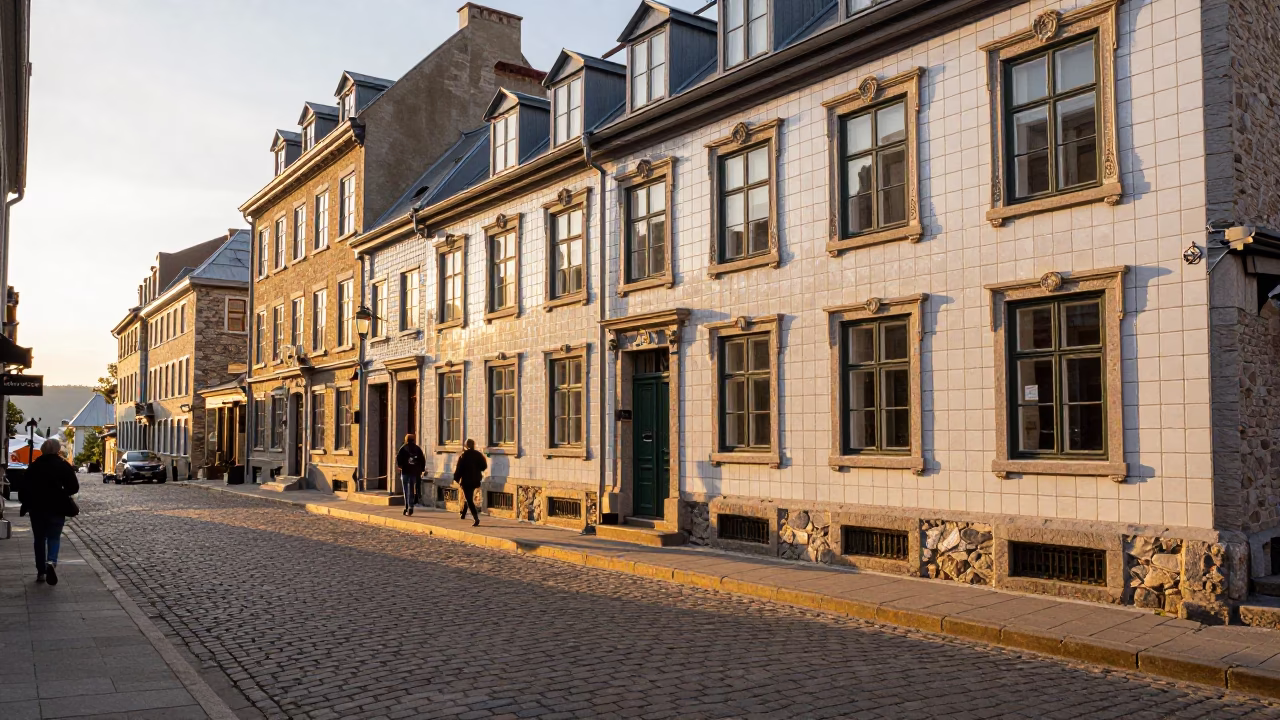Golden Hour Street Scene in Quebec City Featuring Ceramic Tile Facades and Urban Life in in Quebec City, Quebec, Canada