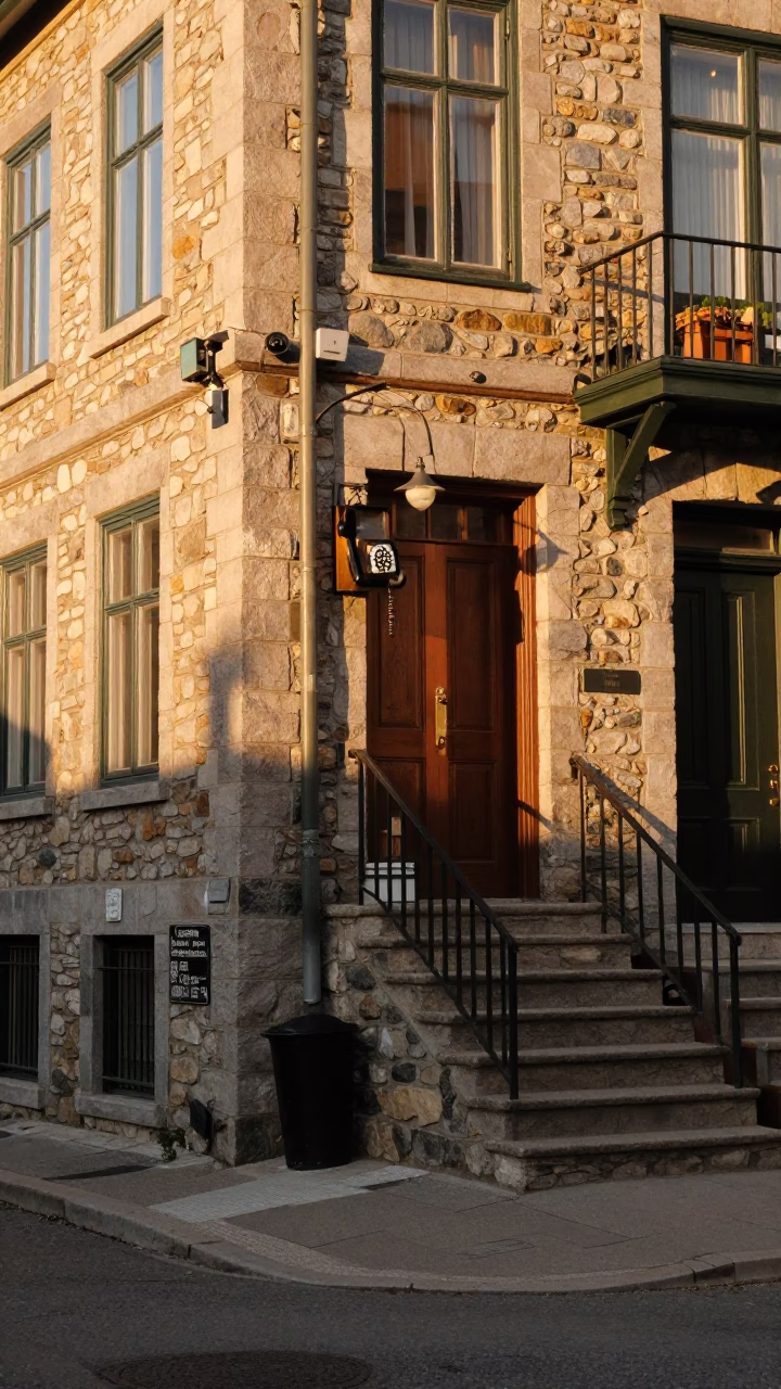Golden Hour Street Scene in Quebec City Featuring Vintage Bakelite Telephone and Stair Rail in in Quebec City, Quebec, Canada