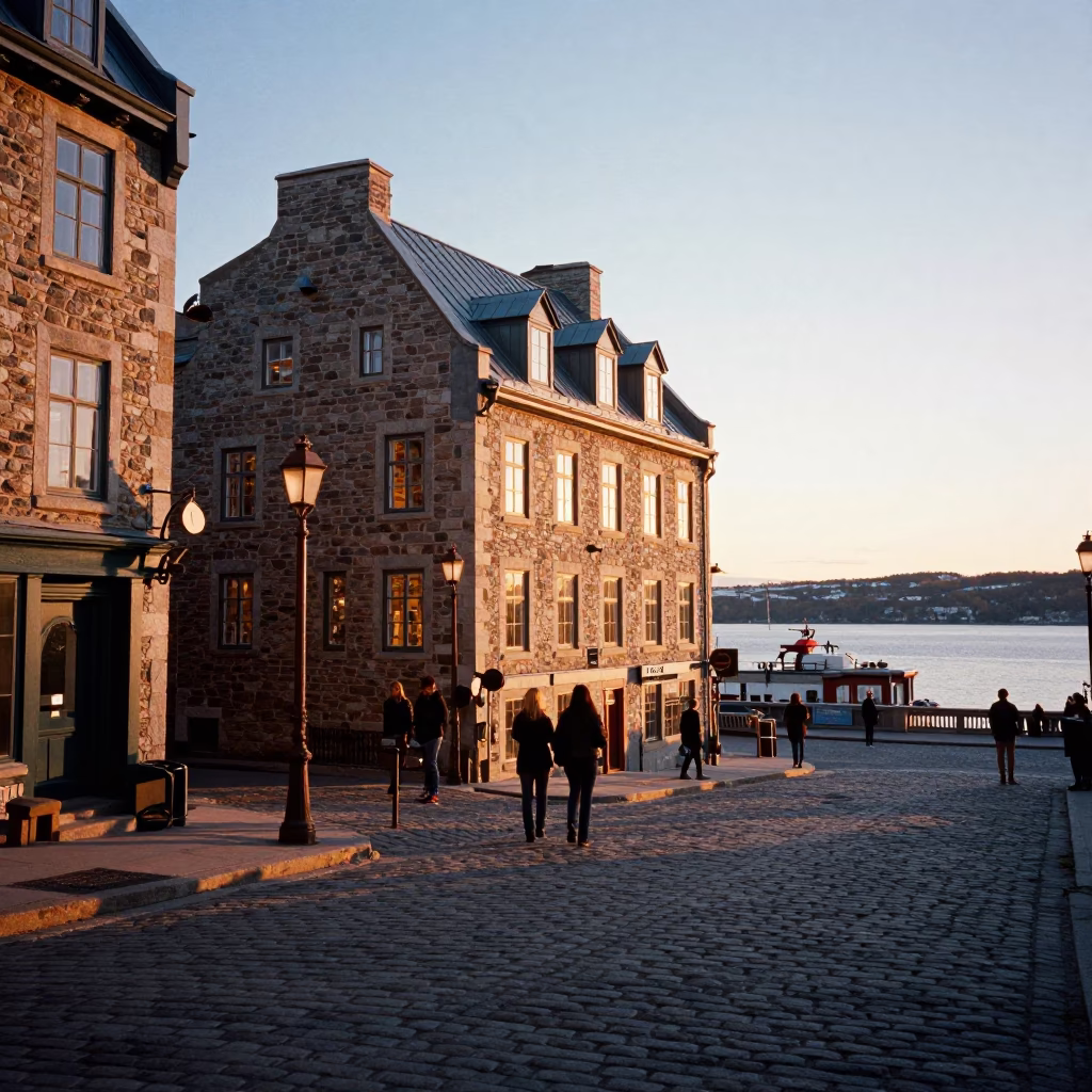 Golden Hour Street Scene in Quebec City Quebec Canada with Historic Architecture in in Quebec City, Quebec, Canada