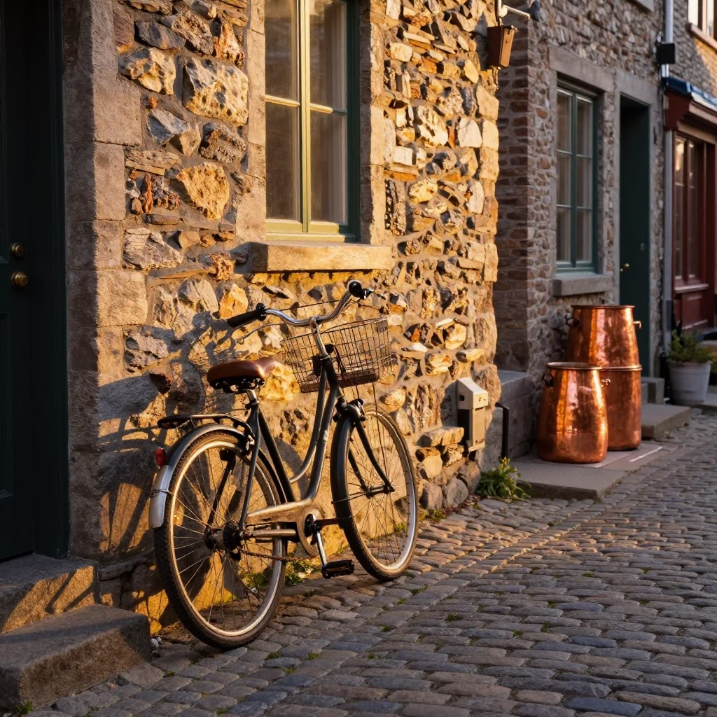 Golden Hour Street Scene in Quebec City with Bicycle and Copper Pots in in Quebec City, Quebec, Canada