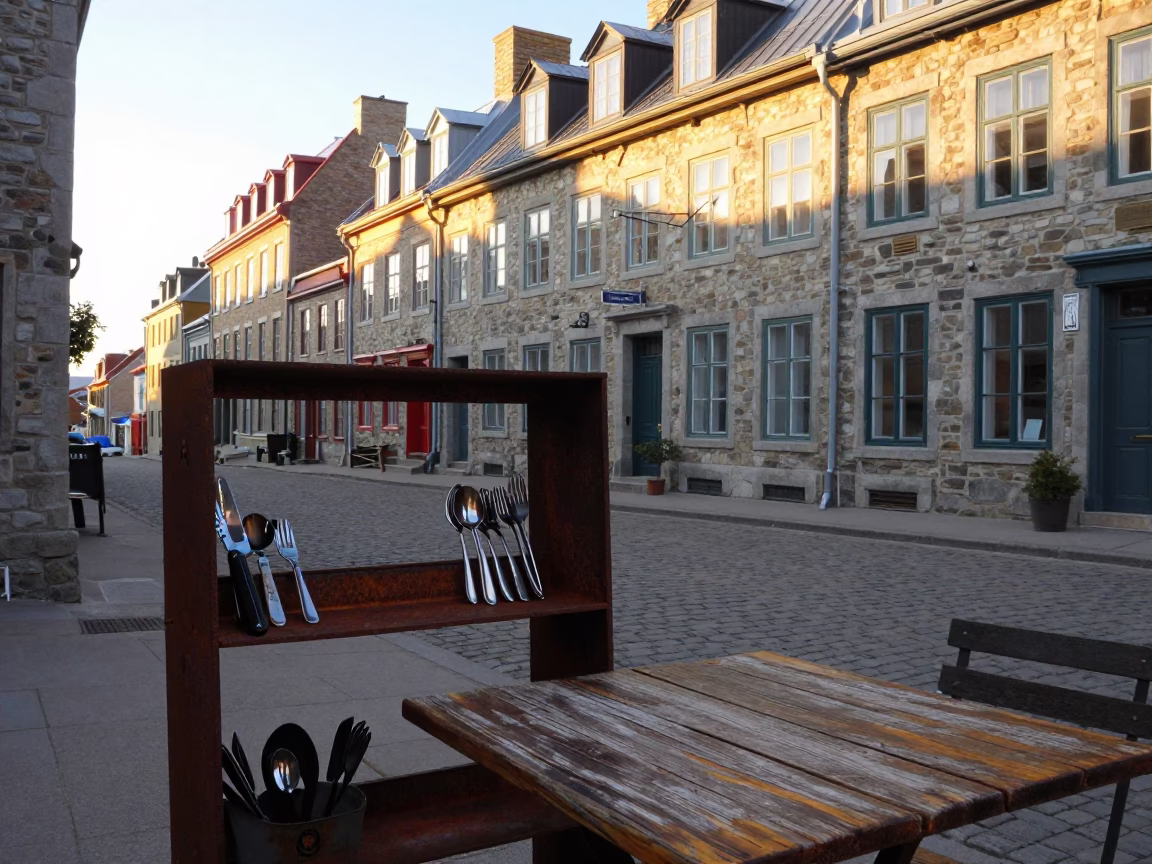 Golden Hour Street Scene in Quebec City with Rusty Shelf and Cutlery Detail in in Quebec City, Quebec, Canada