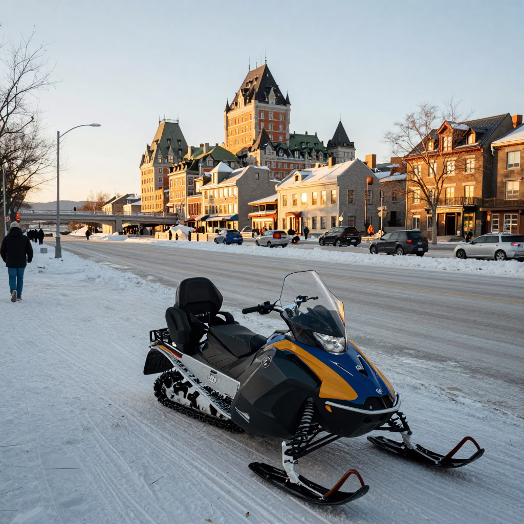 Golden Hour Street Scene in Quebec City with Snowmobile and Fruit Basket in in Quebec City, Quebec, Canada