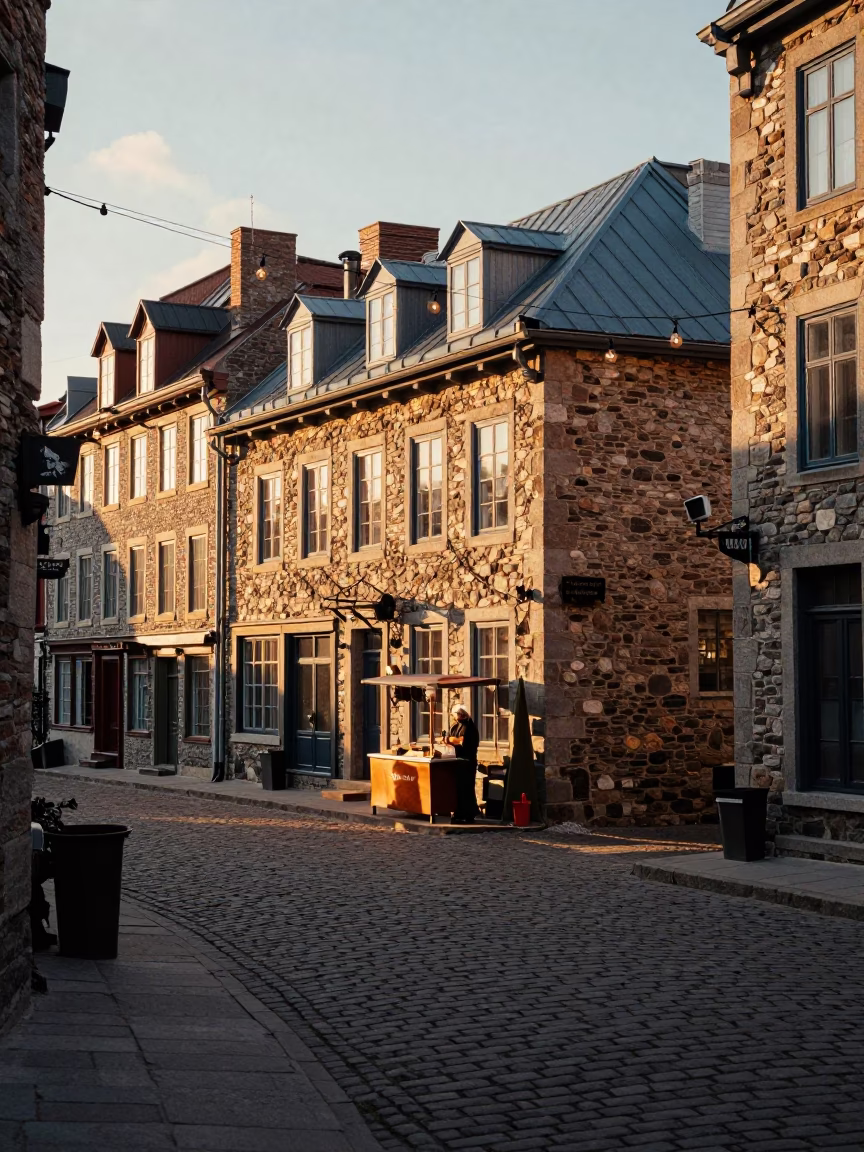 Golden Hour Street Scene in Quebec City With String Lights and Historic Stone Architecture in in Quebec City, Quebec, Canada