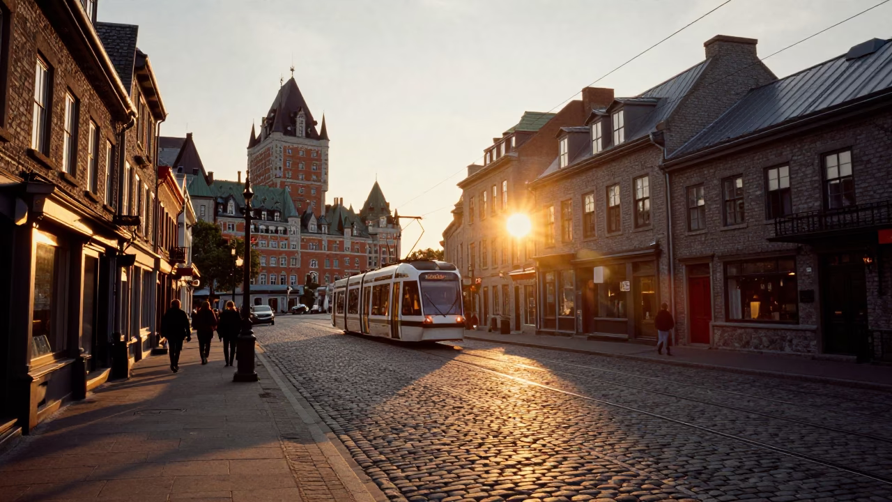 Golden Hour Street Scene in Quebec City With Tramway and Historic Architecture in in Quebec City, Quebec, Canada