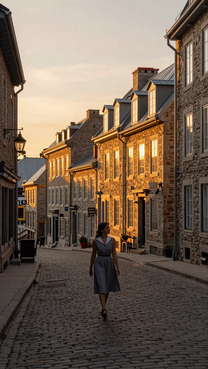 Golden Hour Street Scene in Quebec City with Vintage 1950s Charm and Cobblestone Alleyway in in Quebec City, Quebec, Canada