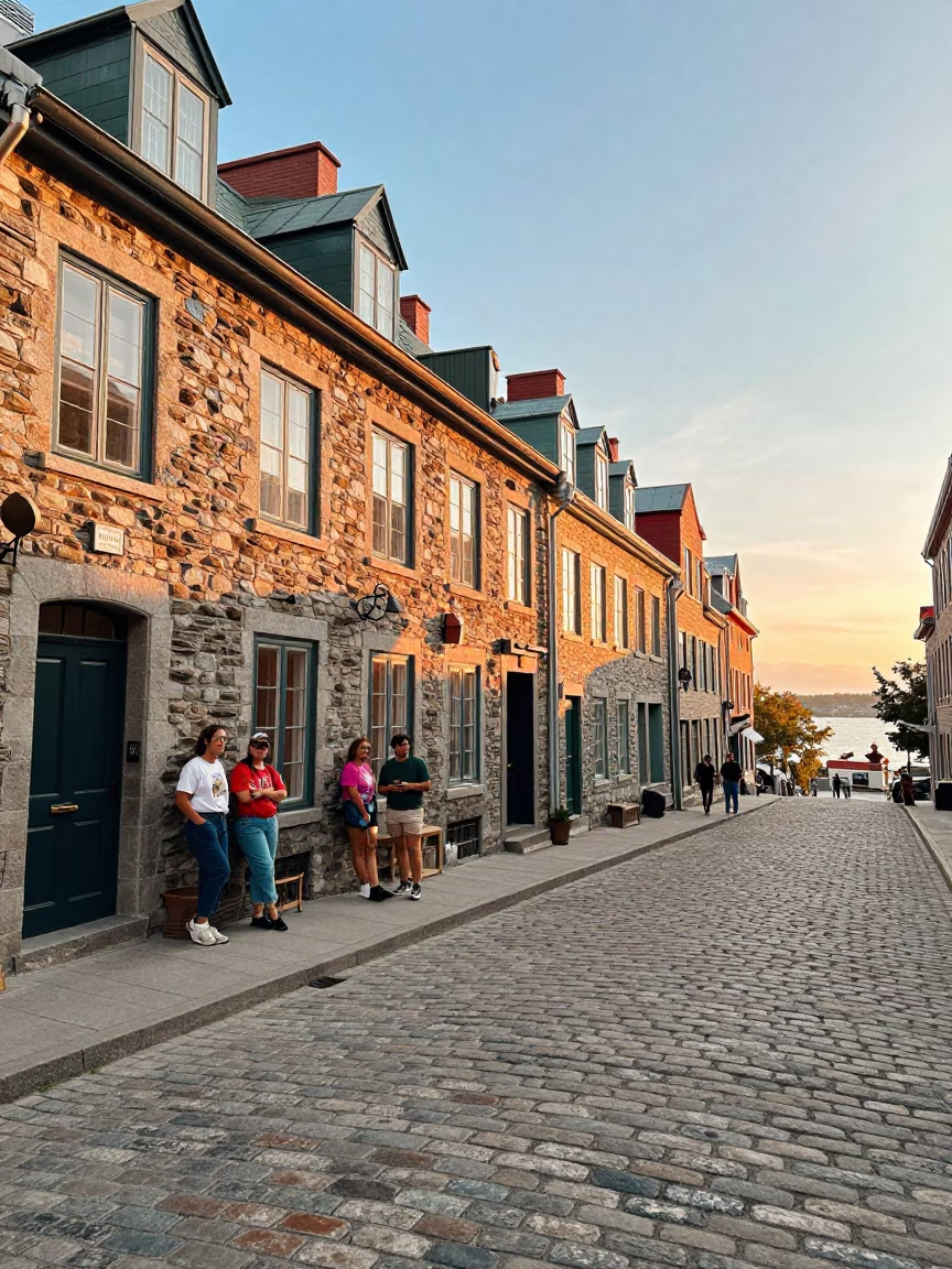 Golden Hour Street Scene in Quebec City with Vintage 90s Aesthetic and Colorful Details in in Quebec City, Quebec, Canada