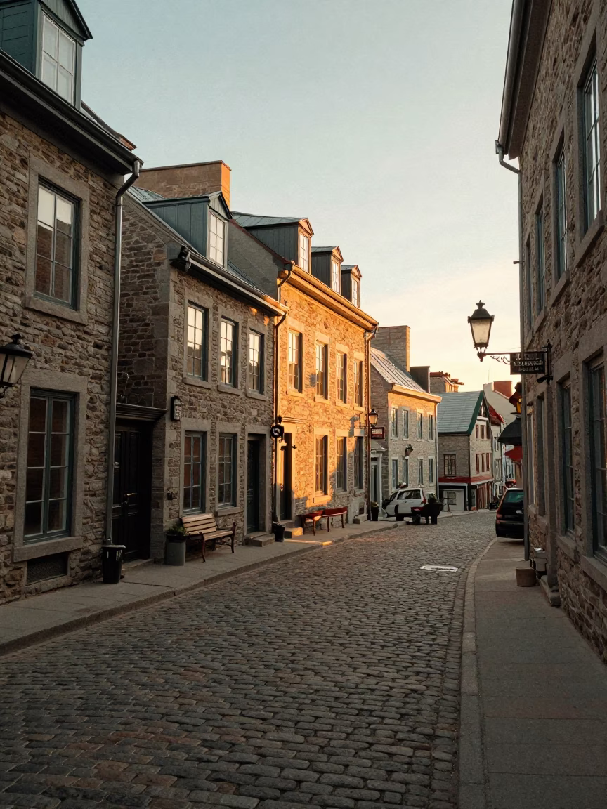 Golden Hour Street Scene in Quebec City with Vintage Film Grain and Local Details in in Quebec City, Quebec, Canada