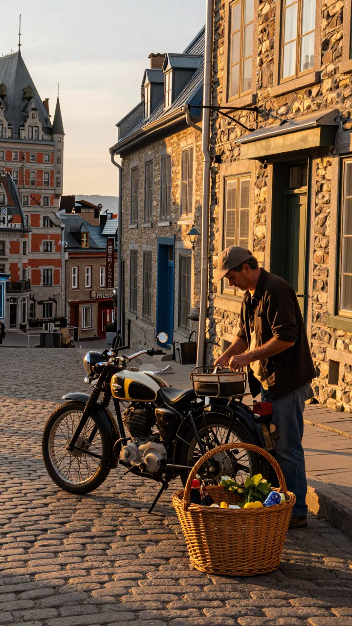 Golden Hour Street Scene in Quebec City with Vintage Motorcycle and Wicker Hamper in in Quebec City, Quebec, Canada