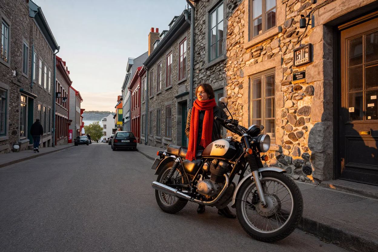 Golden Hour Street Scene in Quebec City with Vintage Motorcycle and Wool Scarves in in Quebec City, Quebec, Canada
