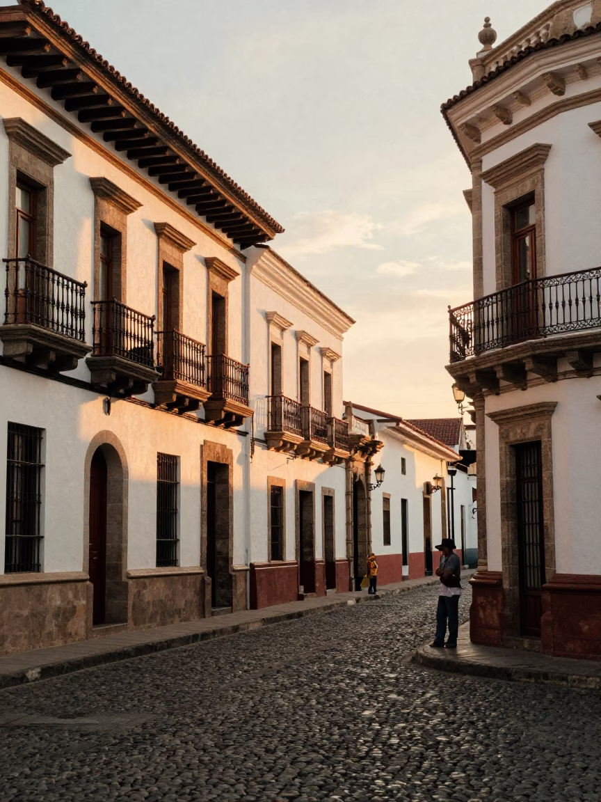 Golden Hour Street Scene in Quito Ecuador Colonial Architecture and Local Life in in Quito, Ecuador
