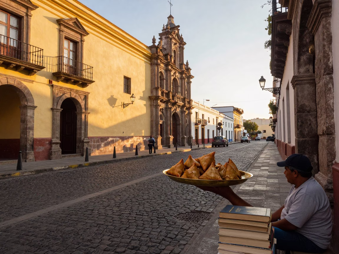 Golden Hour Street Scene in Quito Ecuador with Brass Plate and Books in in Quito, Ecuador