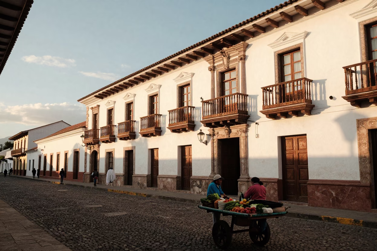 Golden Hour Street Scene in Quito Ecuador with Colonial Architecture and Local Life in in Quito, Ecuador