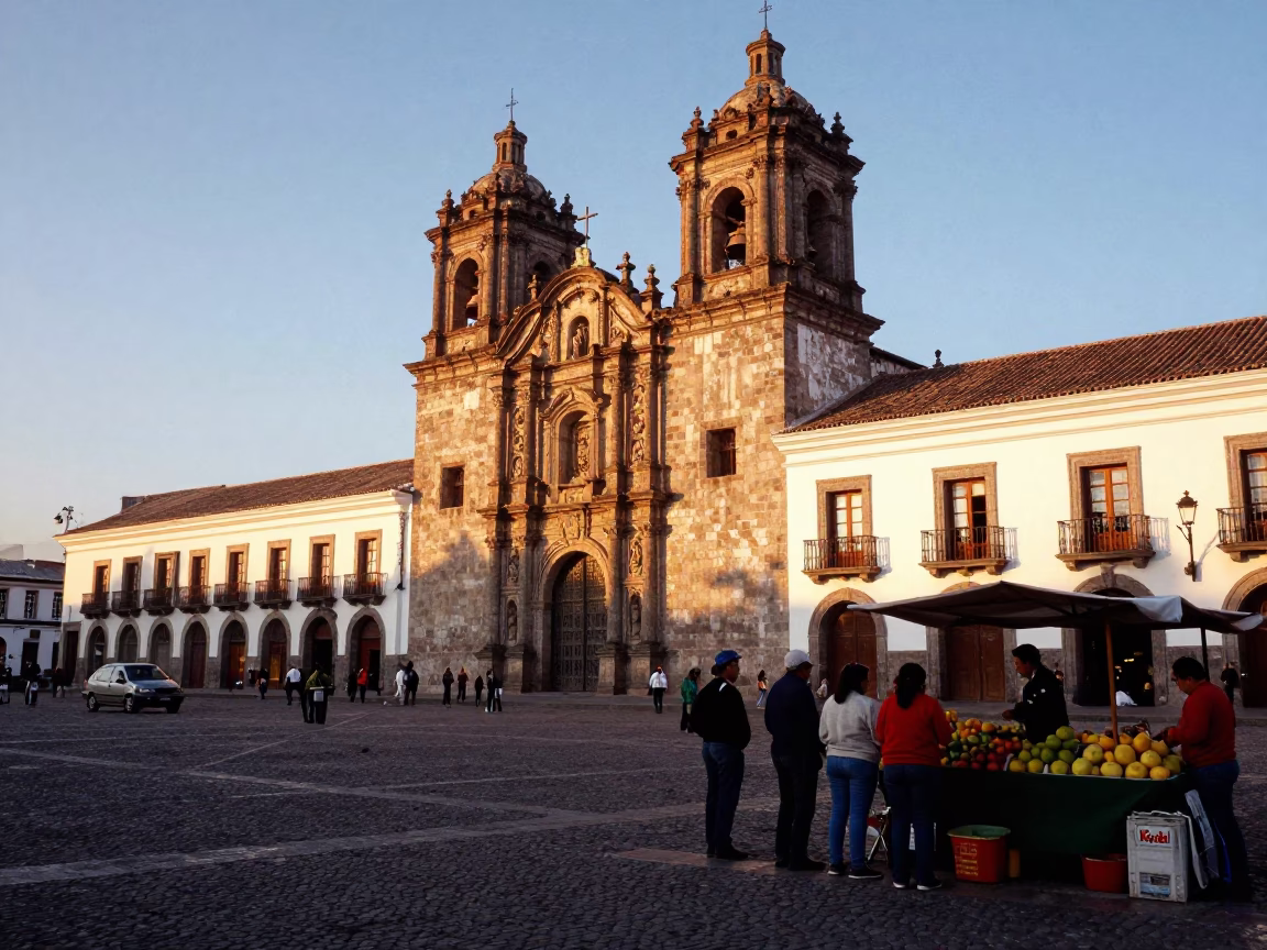Golden Hour Street Scene in Quito Ecuador with Colonial Architecture and Local Market Activity in in Quito, Ecuador