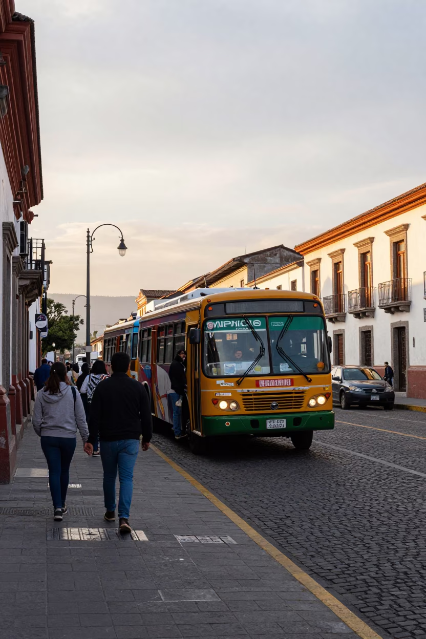 Golden Hour Street Scene in Quito Ecuador With Colorful Bus And Local Pedestrians in in Quito, Ecuador