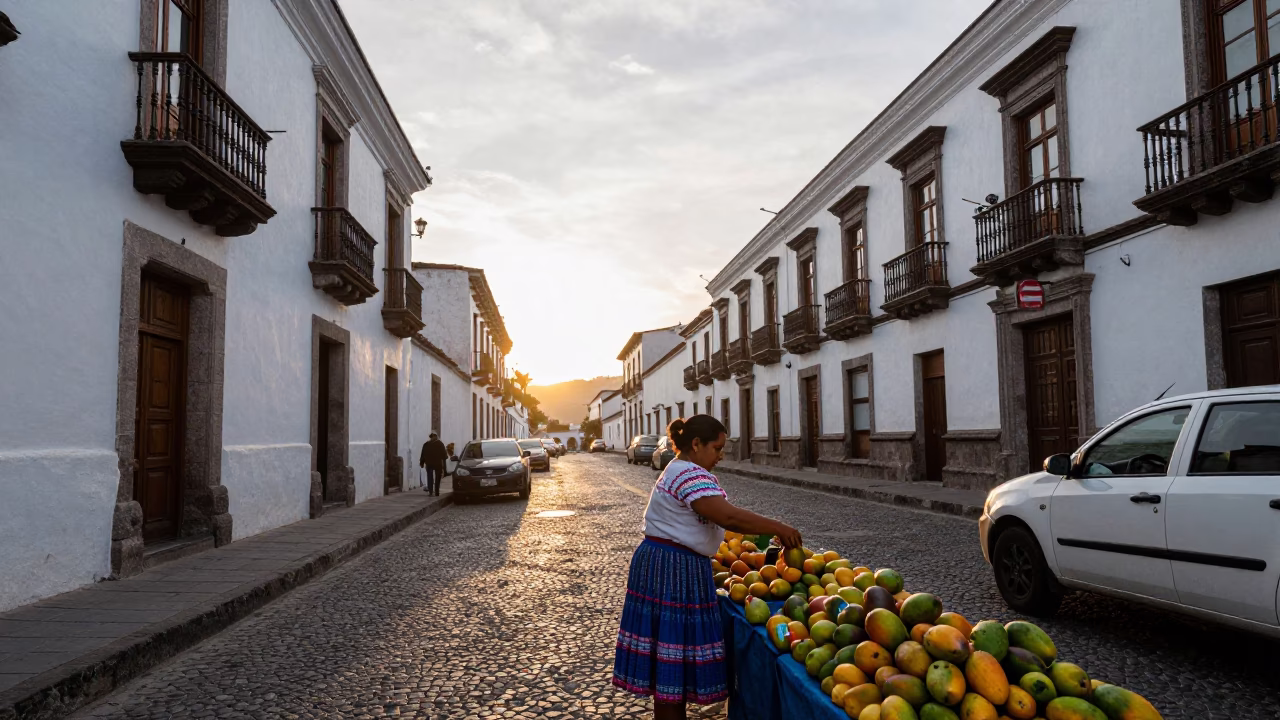 Golden Hour Street Scene in Quito Ecuador with Local Fruit Vendor and Historic Architecture in in Quito, Ecuador
