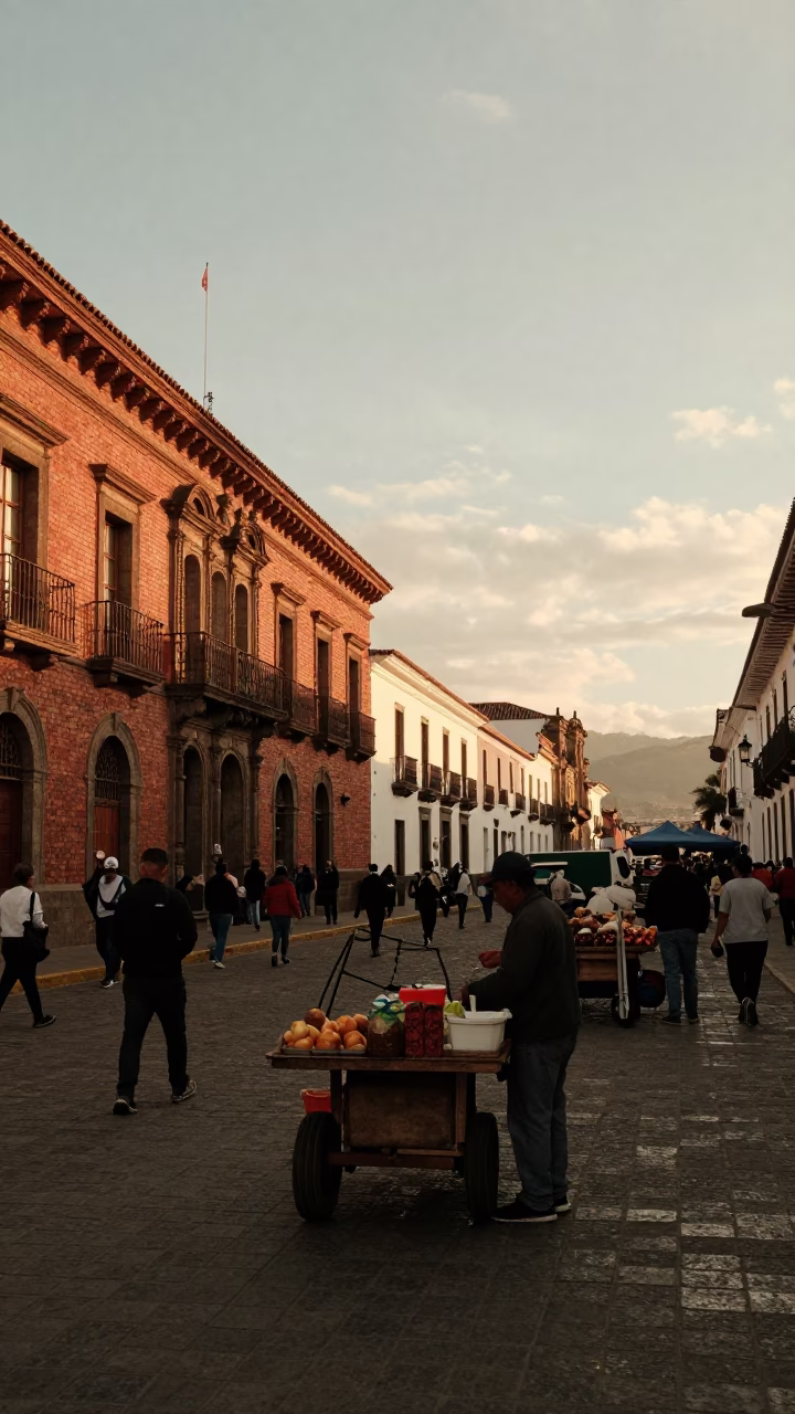 Golden Hour Street Scene in Quito Ecuador with Local Market Activity in in Quito, Ecuador