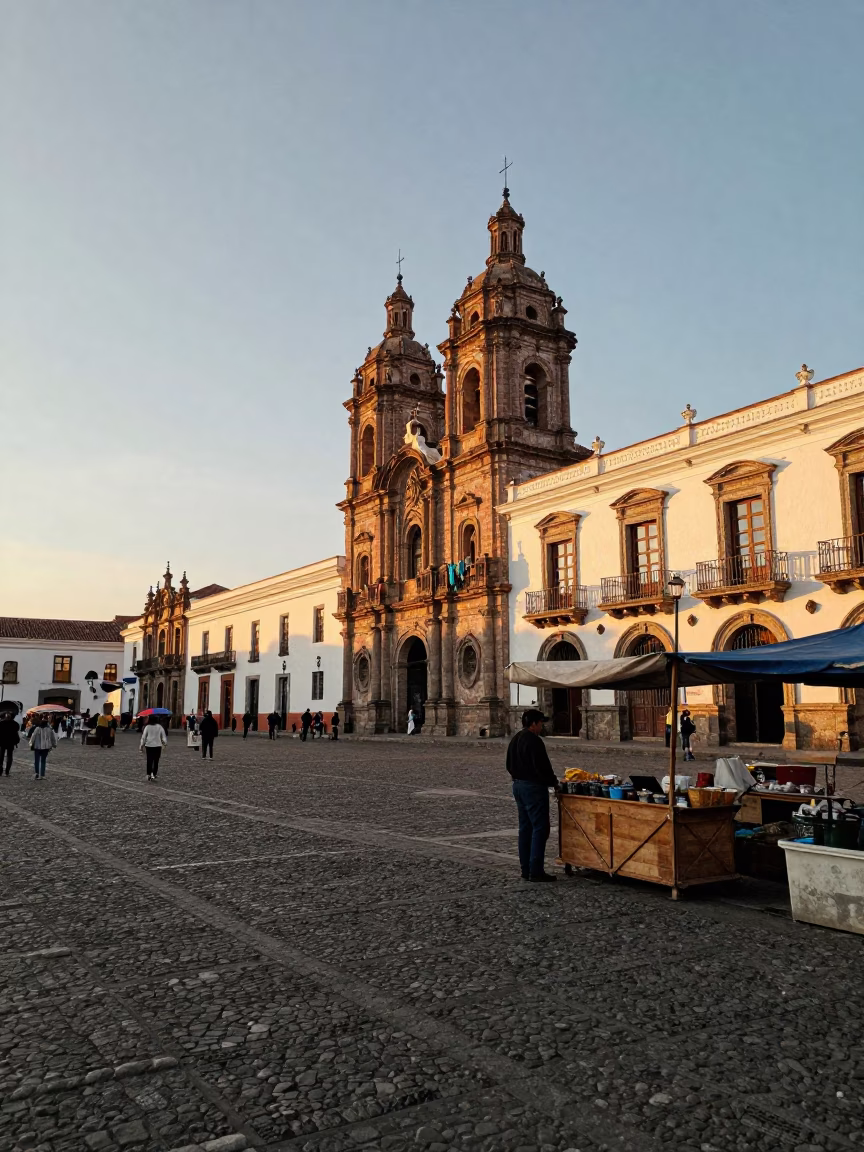 Golden Hour Street Scene in Quito Ecuador With Local Market Details in in Quito, Ecuador