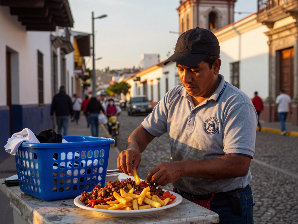 Golden Hour Street Scene in Quito Ecuador with Lomo Saltado and Laundry Basket in in Quito, Ecuador