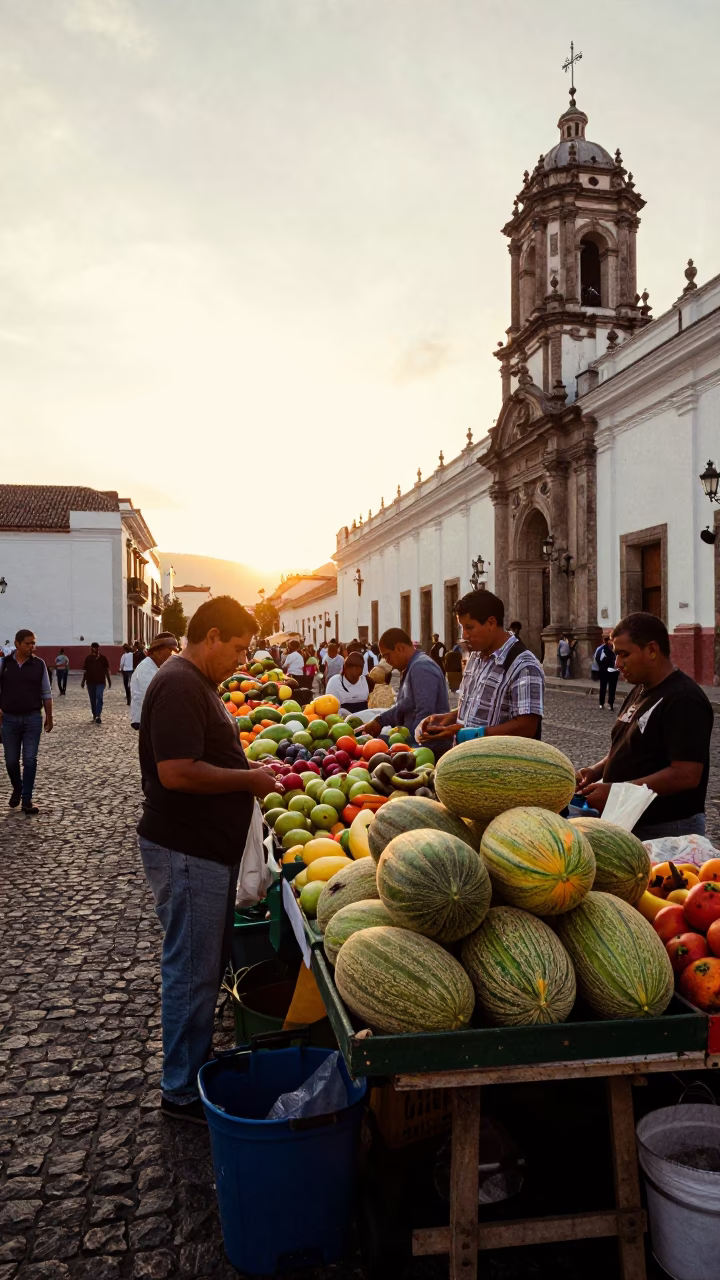 Golden Hour Street Scene in Quito Ecuador with Melons and Local Market Activity in in Quito, Ecuador