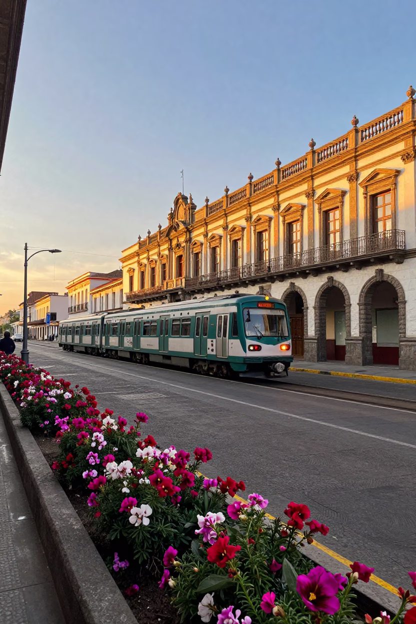Golden Hour Street Scene in Quito Ecuador with Metro Train and Sweet Pea Trellis in in Quito, Ecuador