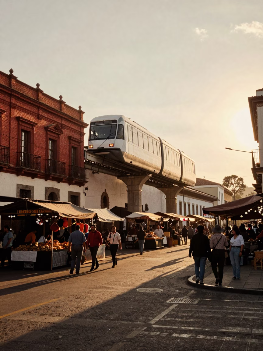 Golden Hour Street Scene in Quito Ecuador with Monorail and Local Market Activity in in Quito, Ecuador