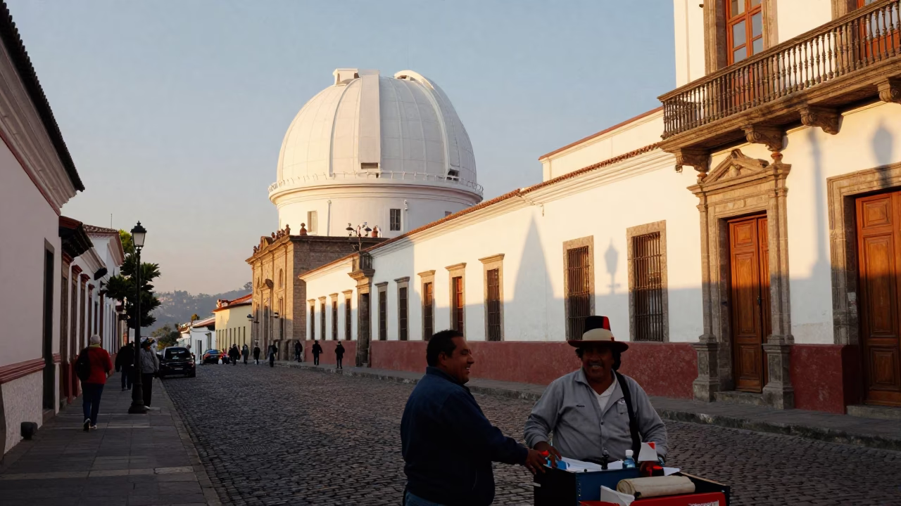 Golden Hour Street Scene in Quito Ecuador with Observatory Dome and Local Interaction in in Quito, Ecuador