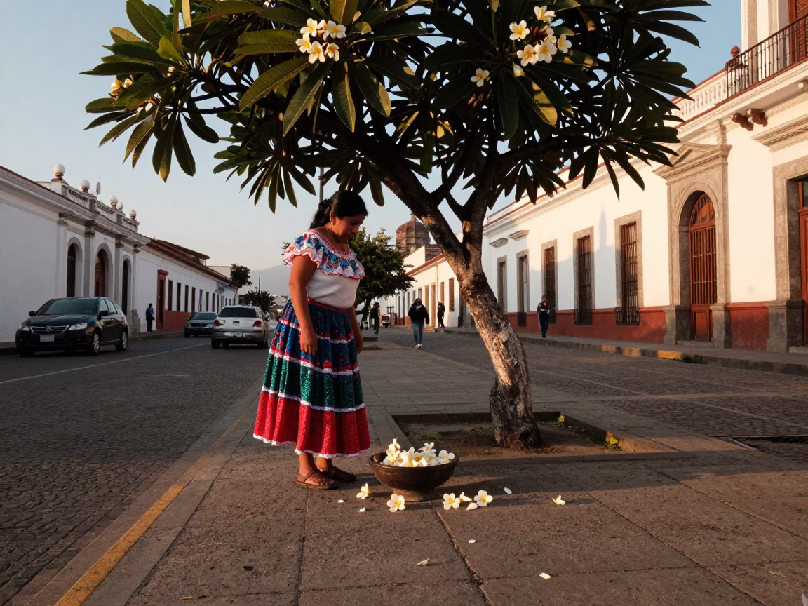 Golden Hour Street Scene in Quito Ecuador with Plumeria Tree and Bowl in in Quito, Ecuador