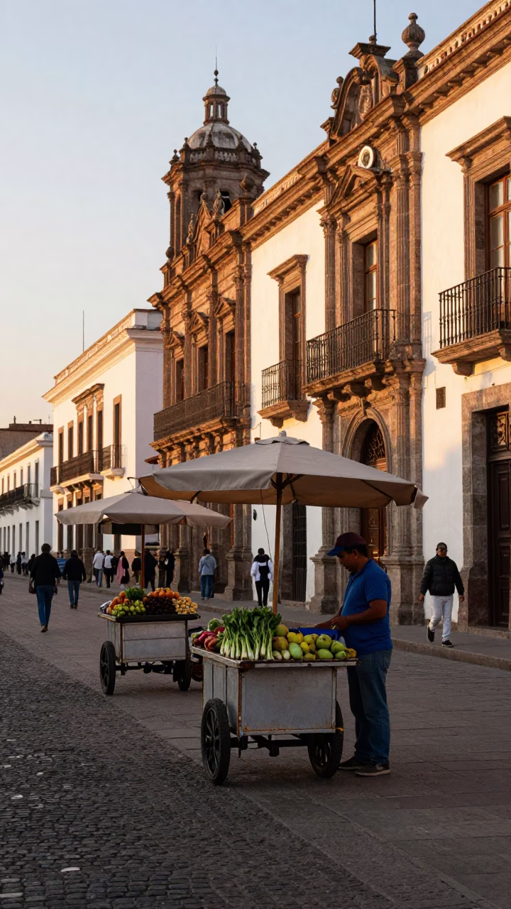 Golden Hour Street Scene in Quito Ecuador with Rolling Carts and Umbrella Stands in in Quito, Ecuador