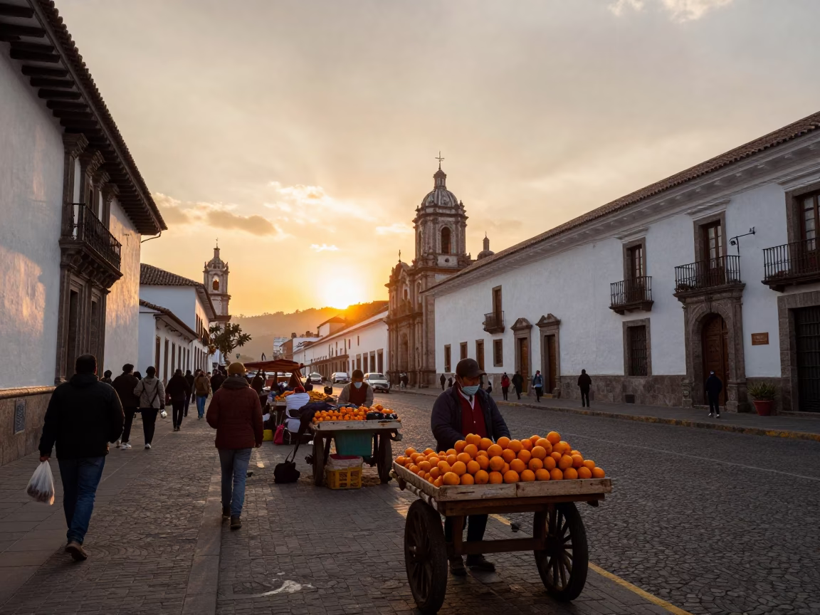 Golden Hour Street Scene in Quito Ecuador with Traditional Market Stalls and Local Vendors in in Quito, Ecuador