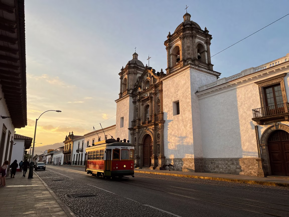 Golden Hour Street Scene in Quito Ecuador with Tram and Colonial Architecture in in Quito, Ecuador