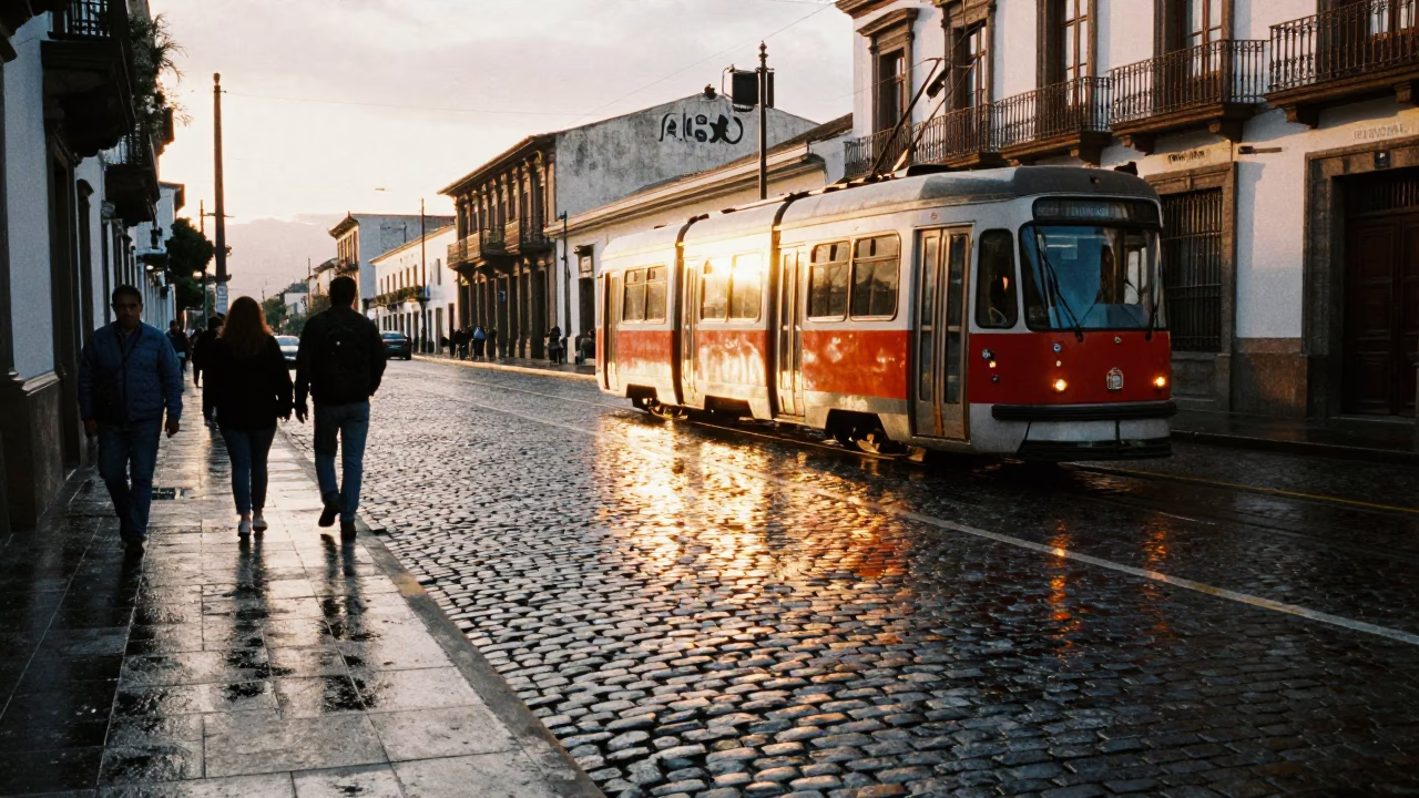 Golden Hour Street Scene in Quito Ecuador with Tram Reflection and Cobblestones in in Quito, Ecuador