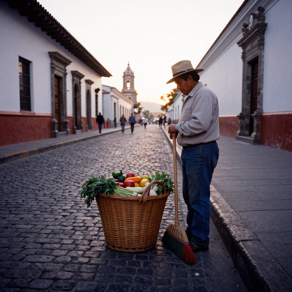Golden Hour Street Scene in Quito Ecuador with Wicker Basket and Broom in in Quito, Ecuador