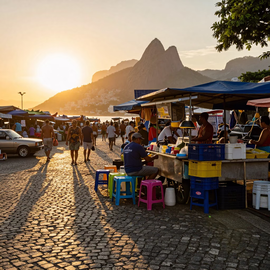 Golden Hour Street Scene in Rio de Janeiro Brazil Busy Market Stall in in Rio de Janeiro, Brazil