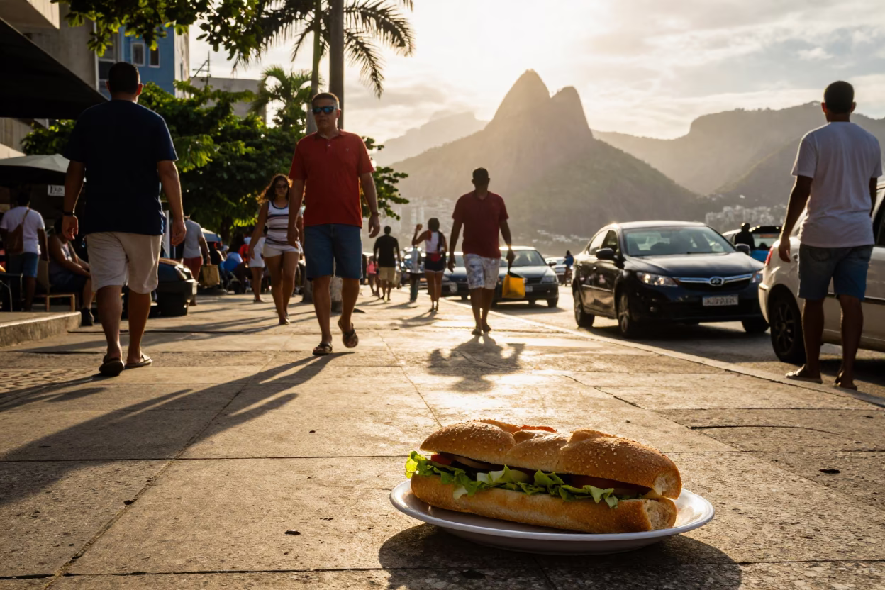 Golden Hour Street Scene in Rio de Janeiro Brazil with Banh Mi Plate in in Rio de Janeiro, Brazil