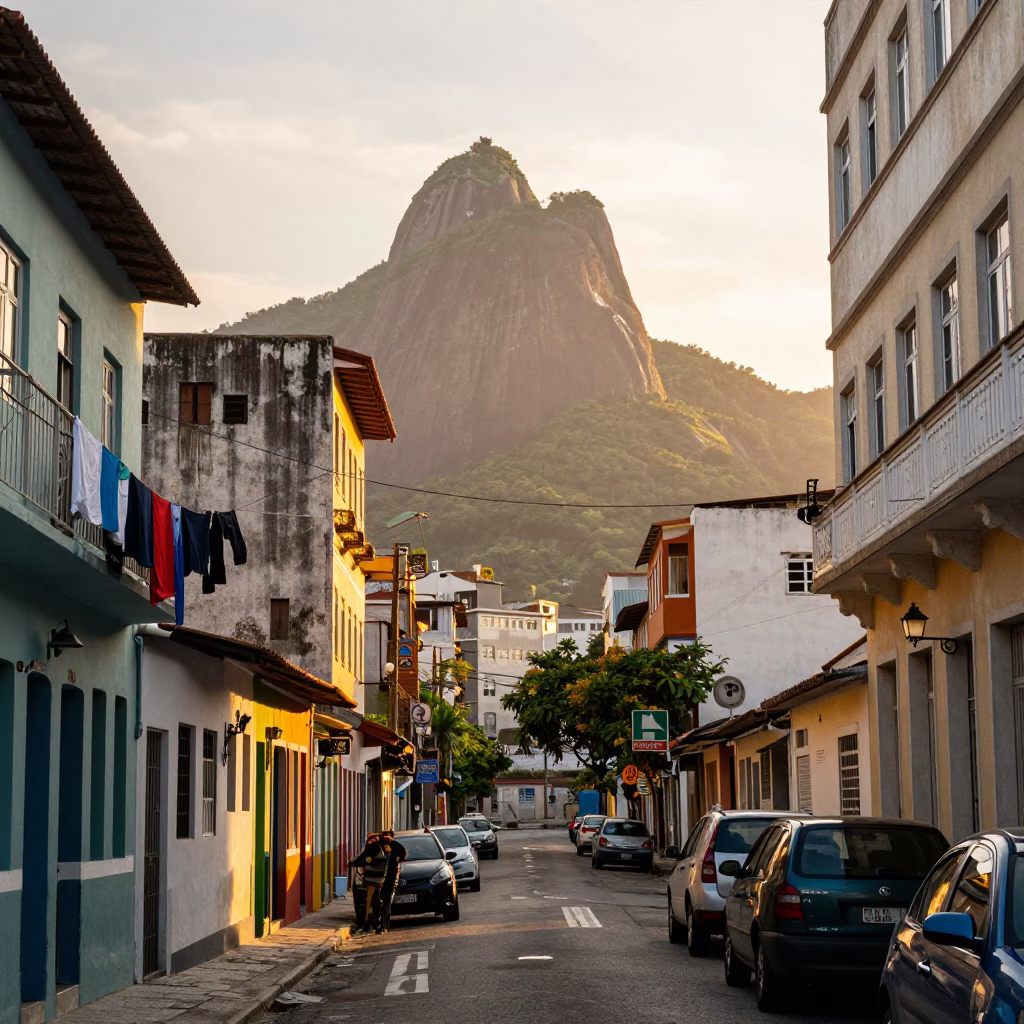 Golden Hour Street Scene in Rio de Janeiro Brazil with Laundry and Urban Details in in Rio de Janeiro, Brazil