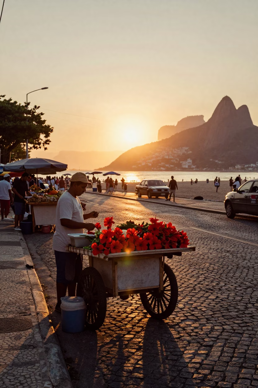 Golden Hour Street Scene in Rio de Janeiro Brazil with Local Market Vendors in in Rio de Janeiro, Brazil