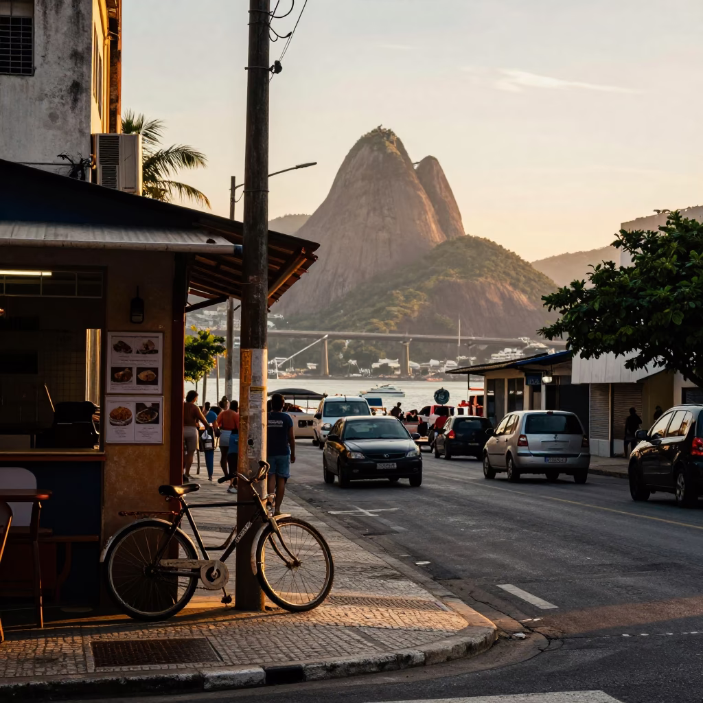 Golden Hour Street Scene in Rio de Janeiro with Bicycle and Viaduct in in Rio de Janeiro, Brazil