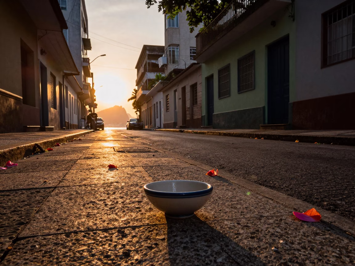 Golden Hour Street Scene in Rio de Janeiro with Ceramic Bowl and Fallen Petals in in Rio de Janeiro, Brazil