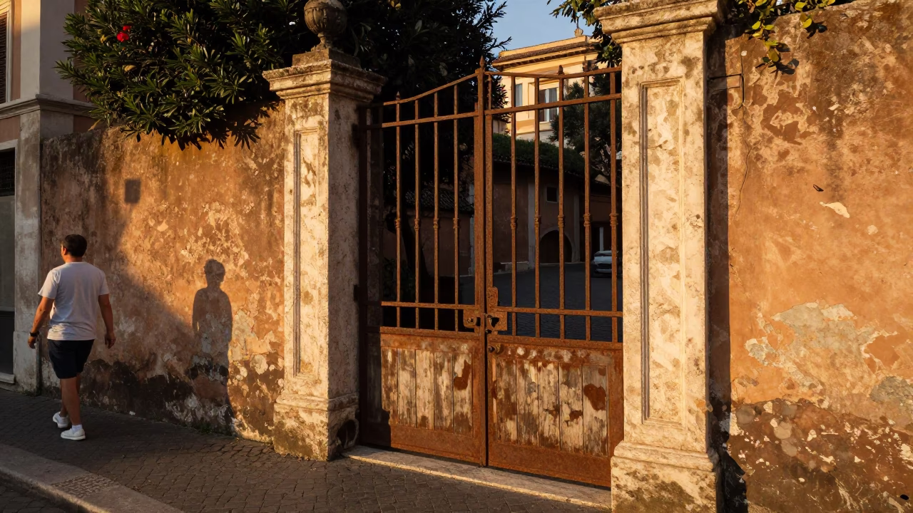 Golden Hour Street Scene in Rome Italy Featuring a Garden Gate and Tiramisu Dessert in in Rome, Italy